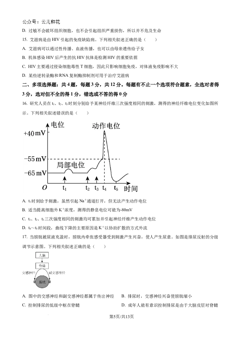 江苏省南京市六校联合体2024-2025学年高二上学期10月月考生物试题_2024-2025高二（7-7月题库）_2024年10月试卷_1025江苏省南京市六校联合体2024-2025学年高二上学期10月月考