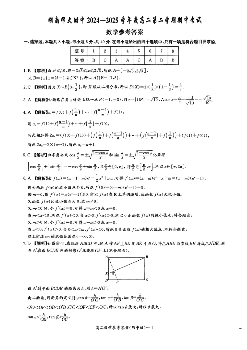湖南省长沙市湖南师范大学附属中学2024-2025学年高二下学期期中考试数学试题（扫描版，含答案）_2024-2025高二（7-7月题库）_2025年05月试卷
