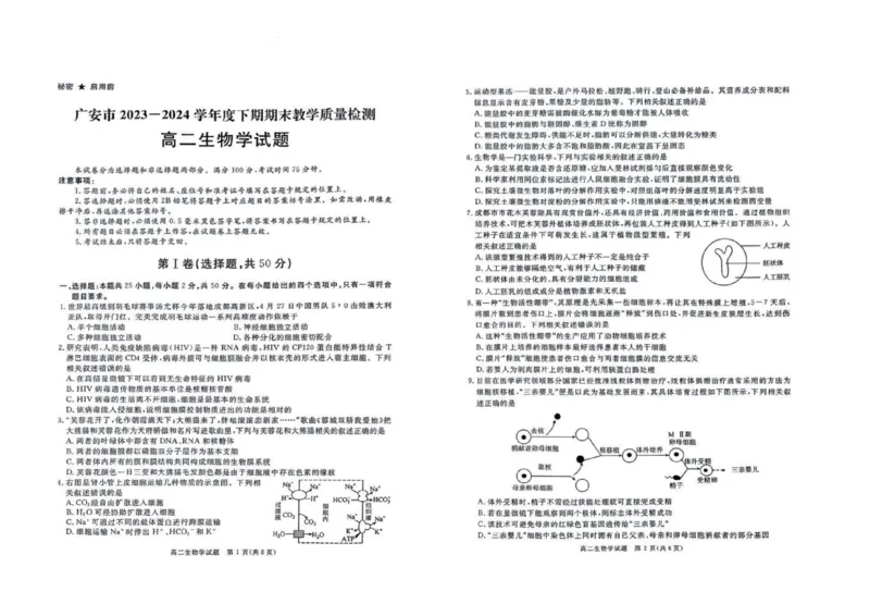 四川省九市2023-2024学年度高二第二学期期期末质量检测联考+生物_2024-2025高三（6-6月题库）_2024年07月试卷_240712四川省九市2023-2024学年度高二第二学期期期末质量检测联考