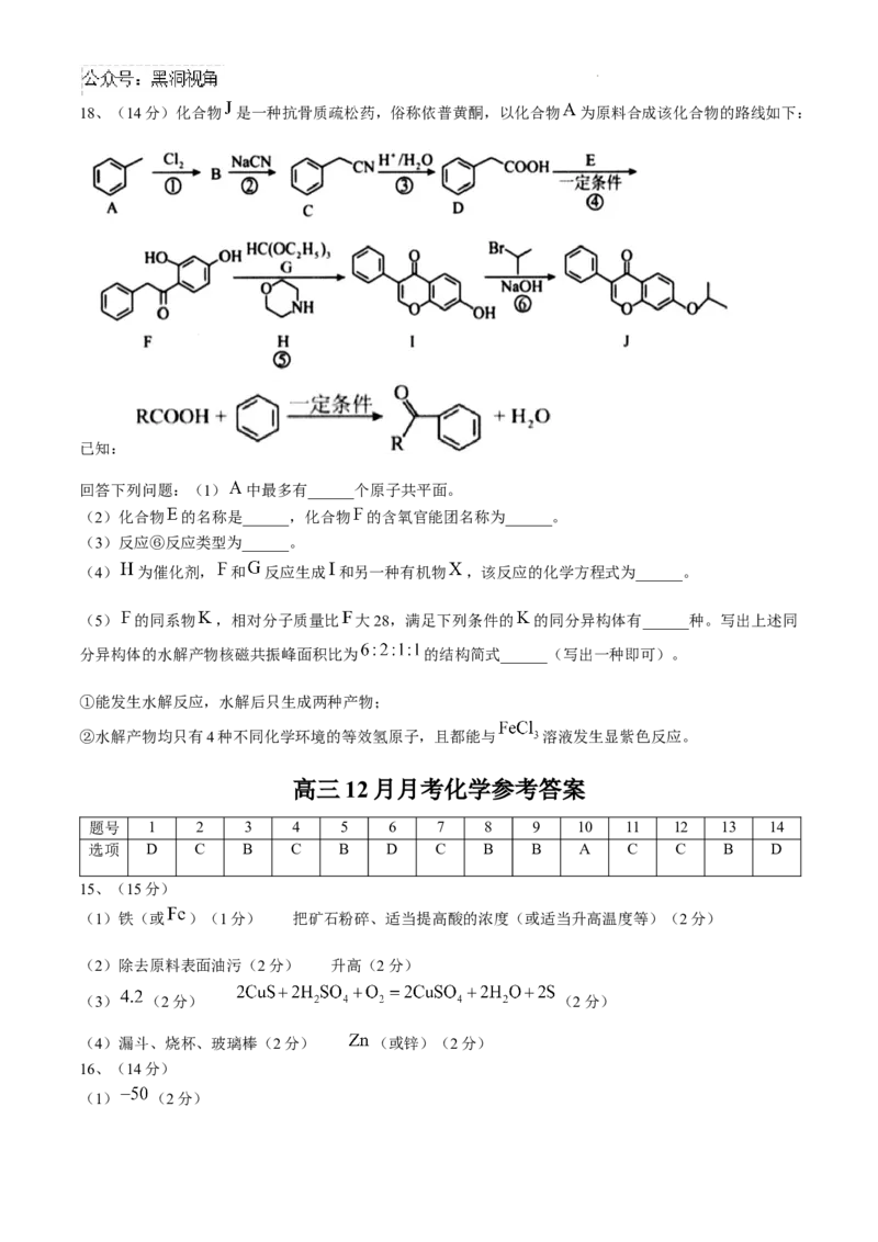 四川省南充市阆中东风学校2024-2025学年高三12月月考试题化学+答案_2024-2025高三（6-6月题库）_2024年12月试卷_1221四川省南充市阆中东风学校2024-2025学年高三12月月考试题