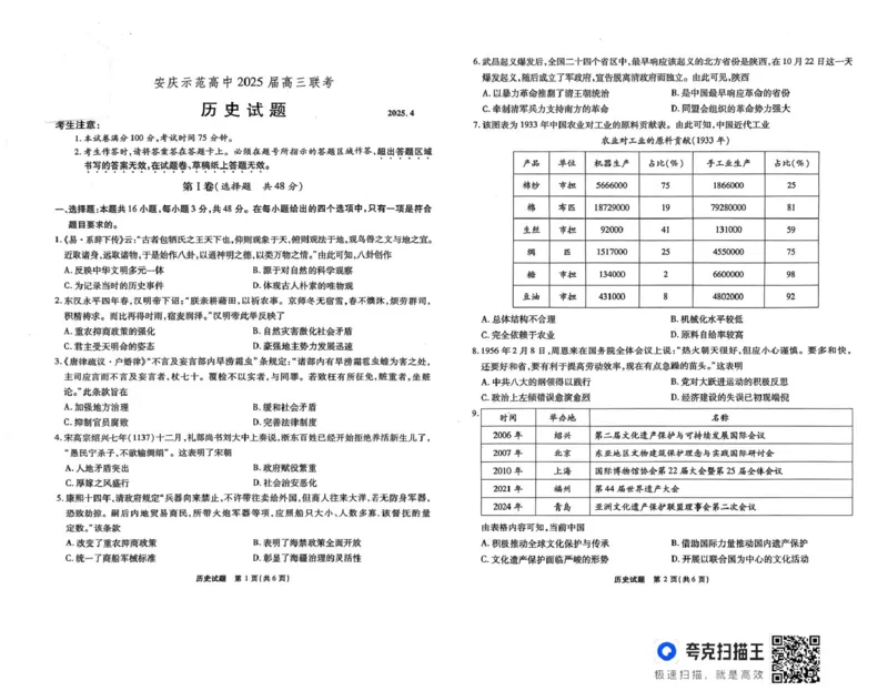 安徽省安庆市示范高中2024-2025学年高三下学期4月联考历史试题_2024-2026高三（6-6月题库）_2025年04月试卷_04222025届安徽省江淮十校高三下学期第三次联考（安庆4月联考）（全科）