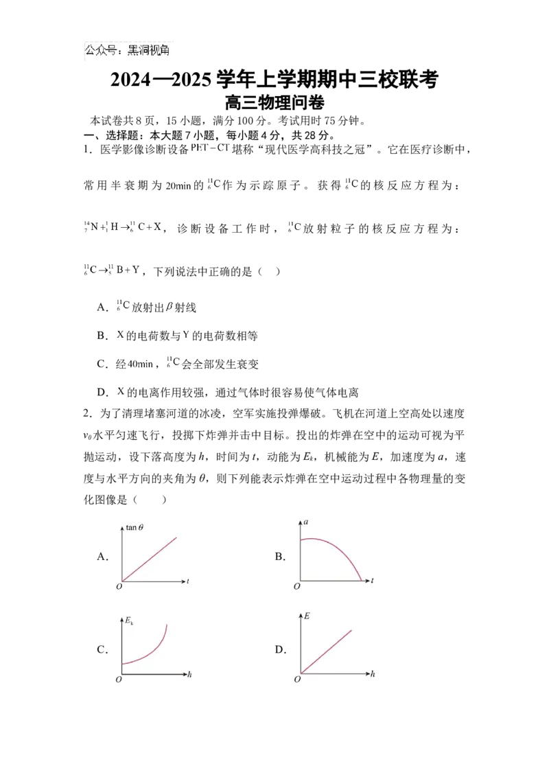 广东省广州外国语、广大附中、铁一中学等三校2024-2025学年高三上学期期中联考试题物理Word版含解析_2024-2025高三（6-6月题库）_2024年11月试卷