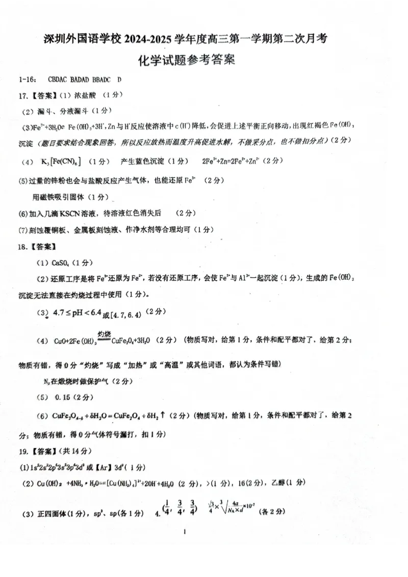广东省深圳外国语学校2024-2025学年高三上学期9月月考化学试题+答案_2024-2025高三（6-6月题库）_2024年09月试卷_0925广东省深圳外国语学校2024-2025学年高三上学期9月月考