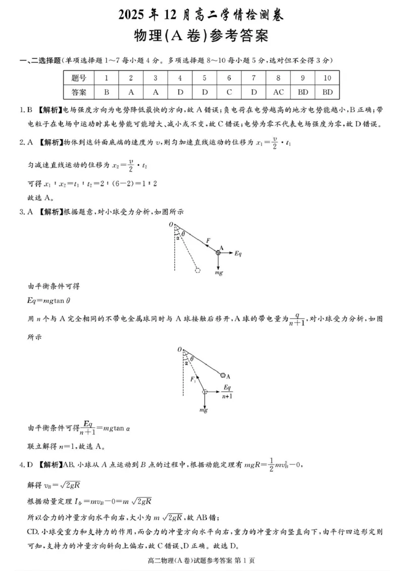 2025年12月高二学情检测卷物理答案_251220湖南新高考教学联盟长郡二十校联盟12月高二联考_湖南省新高考教学教研联盟2025-2026学年高二上学期12月月考物理试题（A卷）（PDF版，含解析）