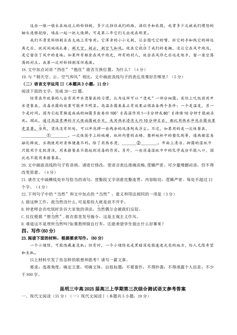 云南省昆明市第三中学2024-2025学年高三上学期11月月考语文+答案_2024-2025高三（6-6月题库）_2024年12月试卷_1206云南省昆明市第三中学2024-2025学年高三上学期11月月考