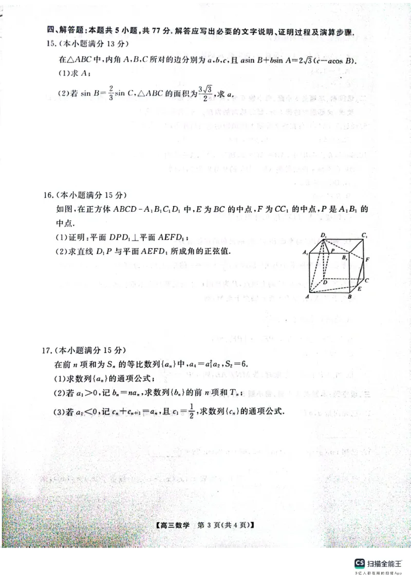 河南省名校联盟2024-2025学年上学期高三12联考-数学_2024-2025高三（6-6月题库）_2024年12月试卷_1225河南省金科大联考2024-2025学年上学期高三12月联考