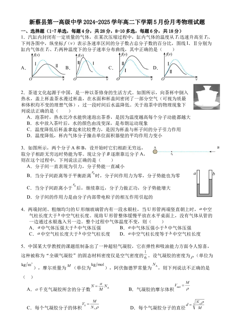 河南省驻马店市新蔡县第一高级中学2024-2025学年高二下学期5月月考物理试题（含解析）_2024-2025高二（7-7月题库）_2025年05月试卷