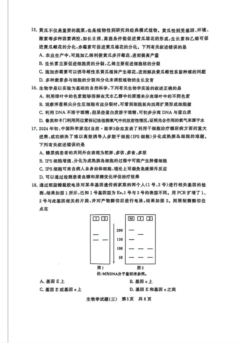 T8冲刺新高考2025届高三仿真模拟卷（三）生物试题及答案_2024-2025高三（6-6月题库）_2024年12月试卷_1212T8冲刺新高考2025届高三仿真模拟卷（三）