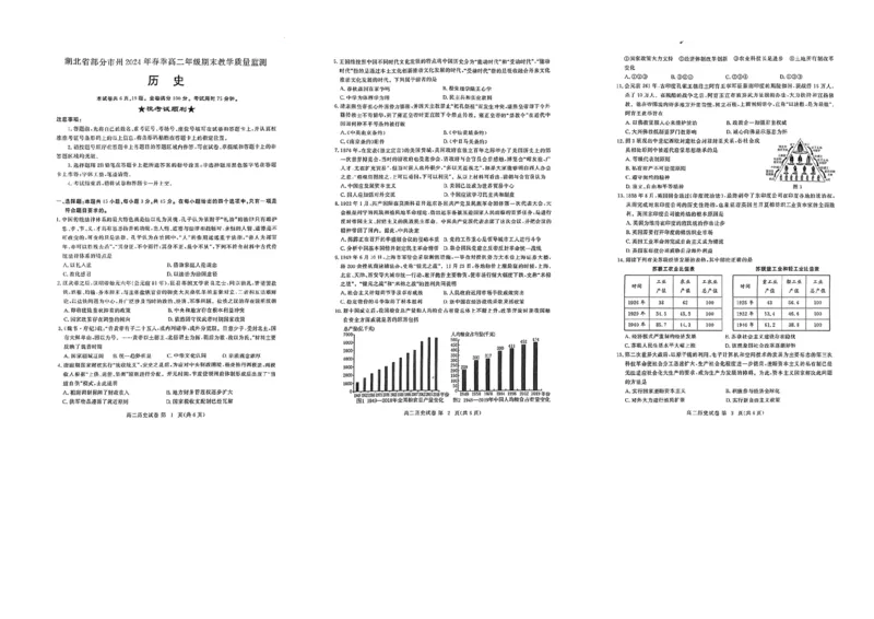 湖北省新高考联考协作体（八市州）2023-2024学年高二下学期期末考试(7.1-7.2)历史试卷_2024-2025高二（7-7月题库）_2024年07月试卷