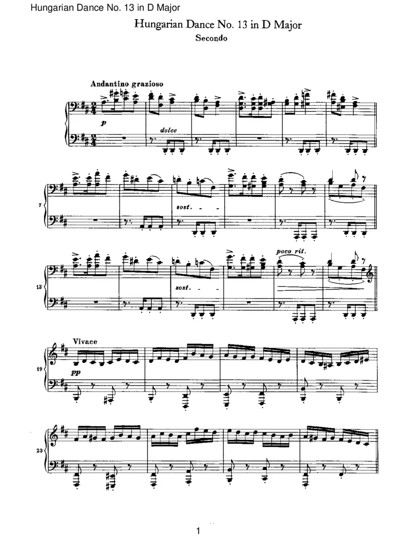 HungarianDanceNo.13inDMajor_一万首著名钢琴曲谱哈农贝多芬合集视频教学电子版高清无水印可打印_1古典钢琴知名音乐家谱_勃拉姆斯钢琴谱全集_VI.PianoWorksforFourHands
