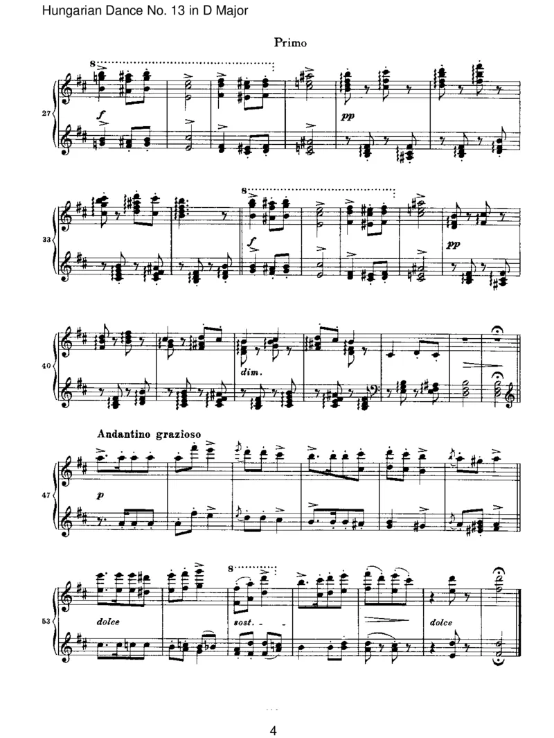 HungarianDanceNo.13inDMajor_一万首著名钢琴曲谱哈农贝多芬合集视频教学电子版高清无水印可打印_1古典钢琴知名音乐家谱_勃拉姆斯钢琴谱全集_VI.PianoWorksforFourHands