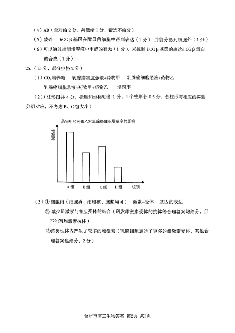 台州市2024届高三第一次教学质量评估试题-生物（答案）(1)_2023年11月_0211月合集_2024届浙江省台州市高三第一次教学质量评估_浙江省台州市2024届高三第一次教学质量评估生物
