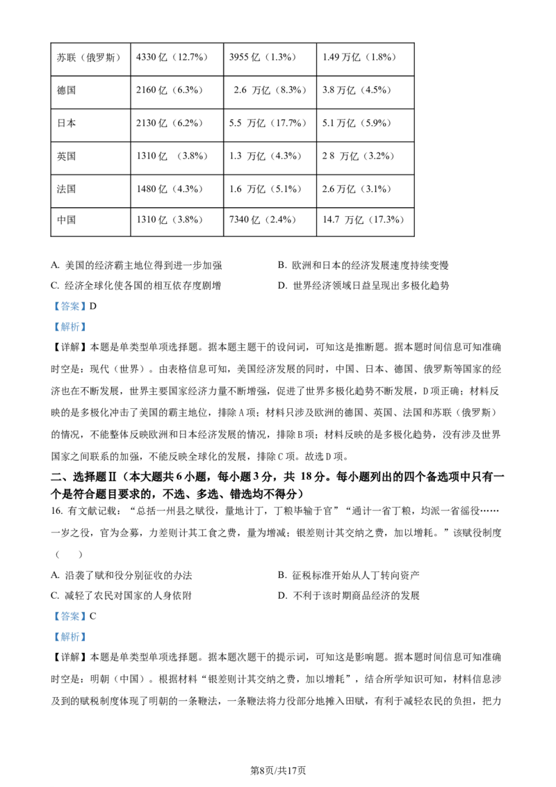 精品解析：2024届浙江省金华市高考二模历史试题（解析版）_2024年4月_01按日期_16号_2024届浙江省金华十校高三下学期4月模拟考试