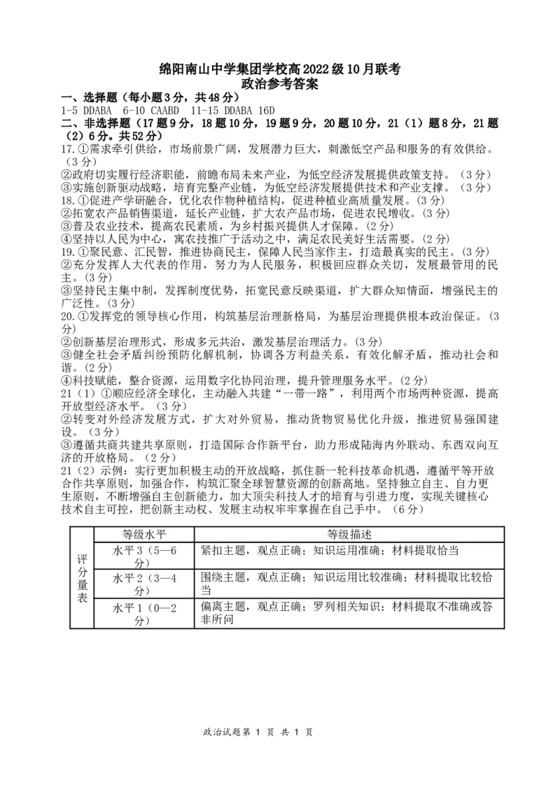政治答案_2024-2025高三（6-6月题库）_2024年10月试卷_1017四川省绵阳市南山中学集团学校2024-2025学年高三上学期10月联考