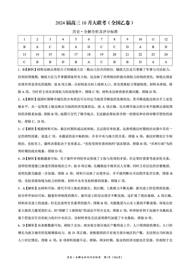 （预约首发）2024届陕西省安康市高新中学高三10月月考历史参考答案及评分标准(1)_2023年11月_0211月合集_2024届高三上学期10月大联考(全国乙卷)_2024届高三上学期10月大联考(全国乙卷)历史
