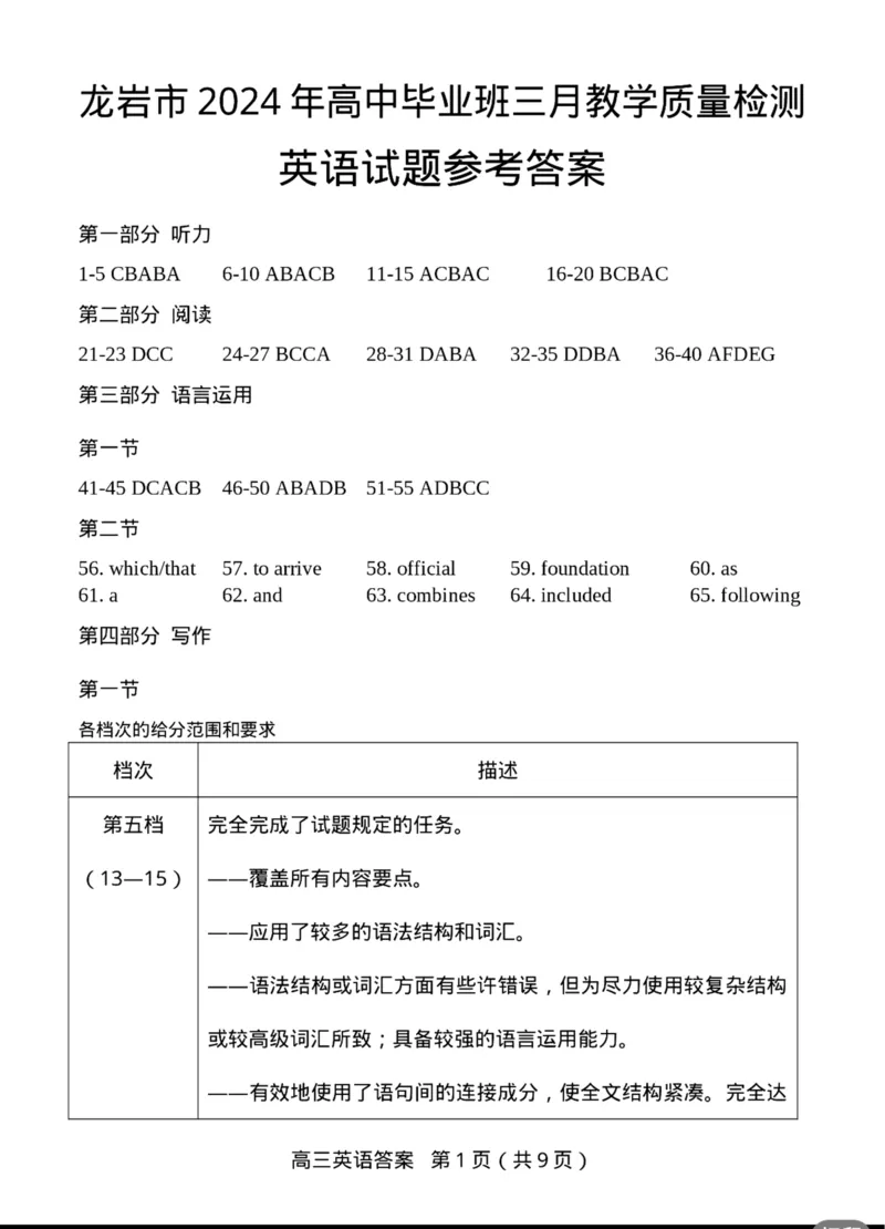 答案_2024年3月_013月合集_2024届福建省龙岩市高三下学期3月份质量检测一模_2024届福建省龙岩市高三下学期3月份质量检测一模英语