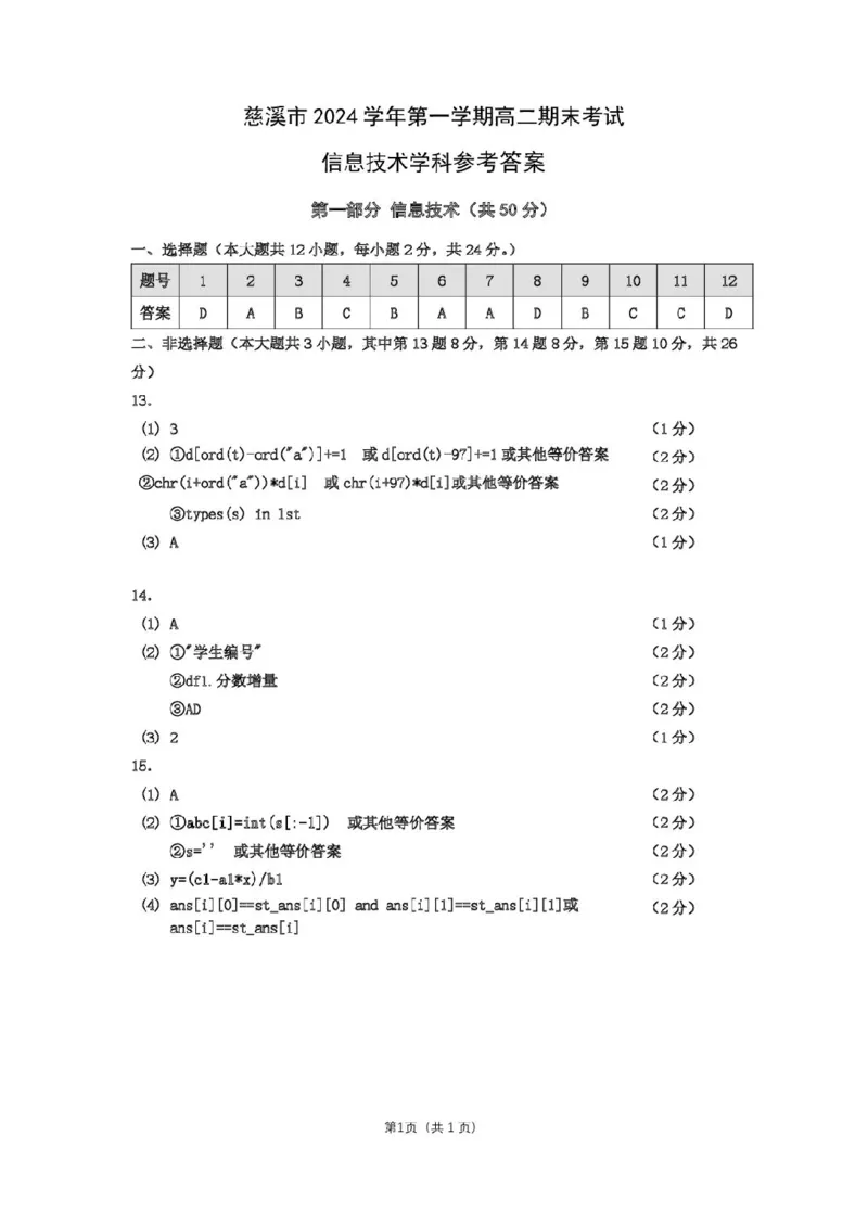 浙江省宁波市慈溪市2024-2025学年高二上学期期末考试技术PDF版含答案_2024-2025高二（7-7月题库）_2025年01月试卷_0118浙江省宁波市慈溪市2024-2025学年高二上学期期末考试