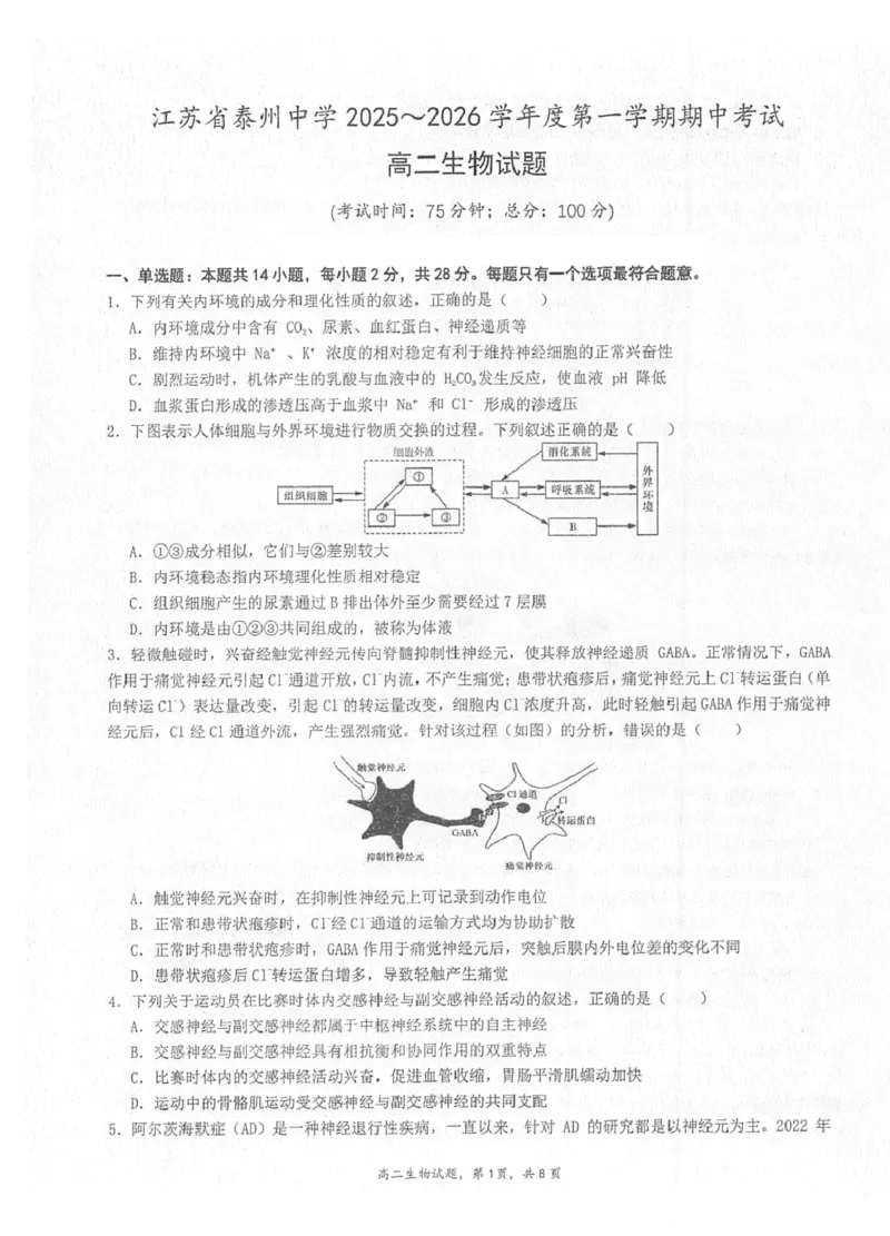 江苏省泰州中学2025-2026学年高二上学期11月期中考试生物PDF版含答案_251214江苏省泰州中学2025-2026学年高二上学期11月期中考试（全）