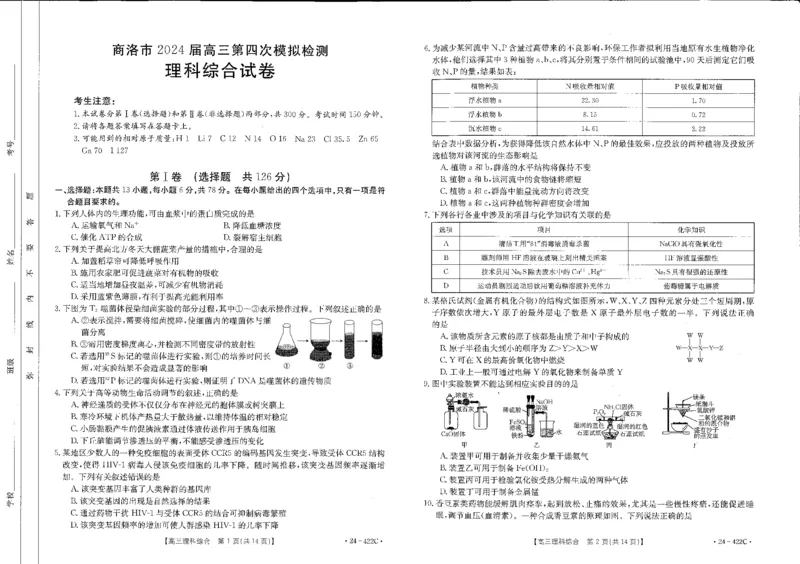 理综_2024年3月_013月合集_2024届陕西省商洛市高三第四次模拟检测_陕西省商洛市2024届高三第四次模拟检测理综