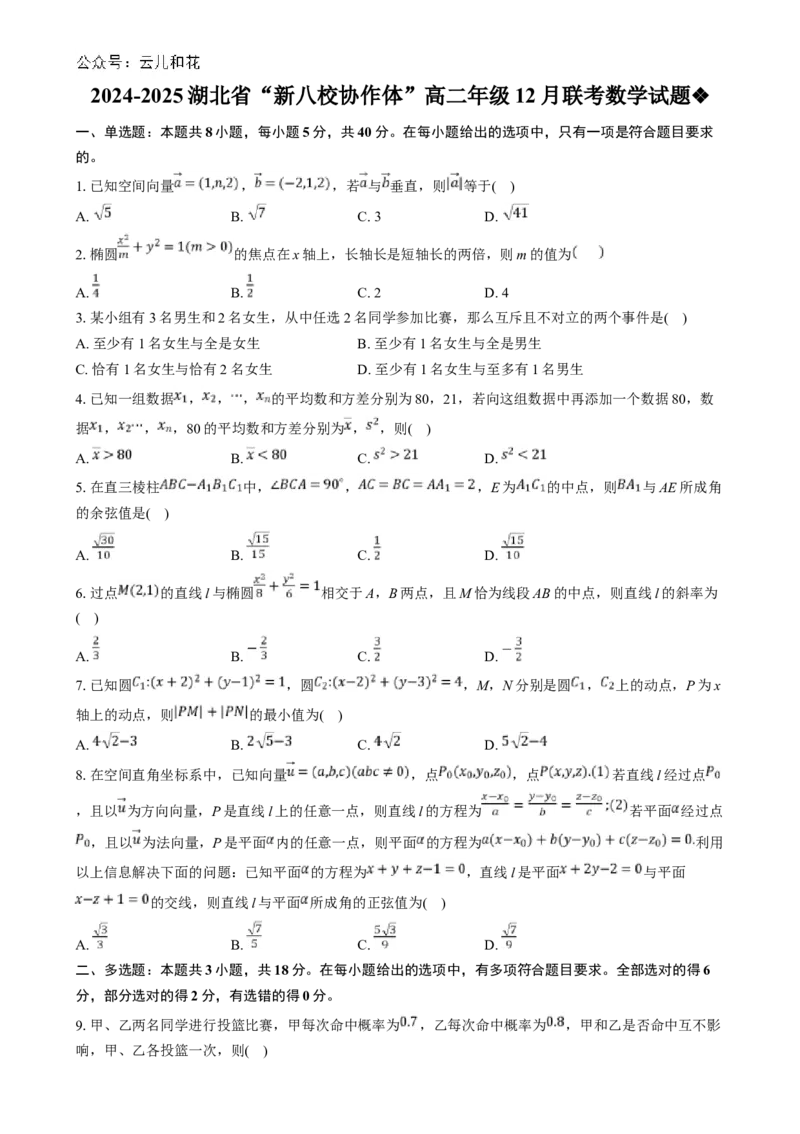 湖北省新八校协作体2024-2025学年高二上学期12月联考数学试题Word版含解析_2024-2025高二（7-7月题库）_2024年12月试卷_1219湖北省新八校协作体2024-2025学年高二上学期12月联考试题