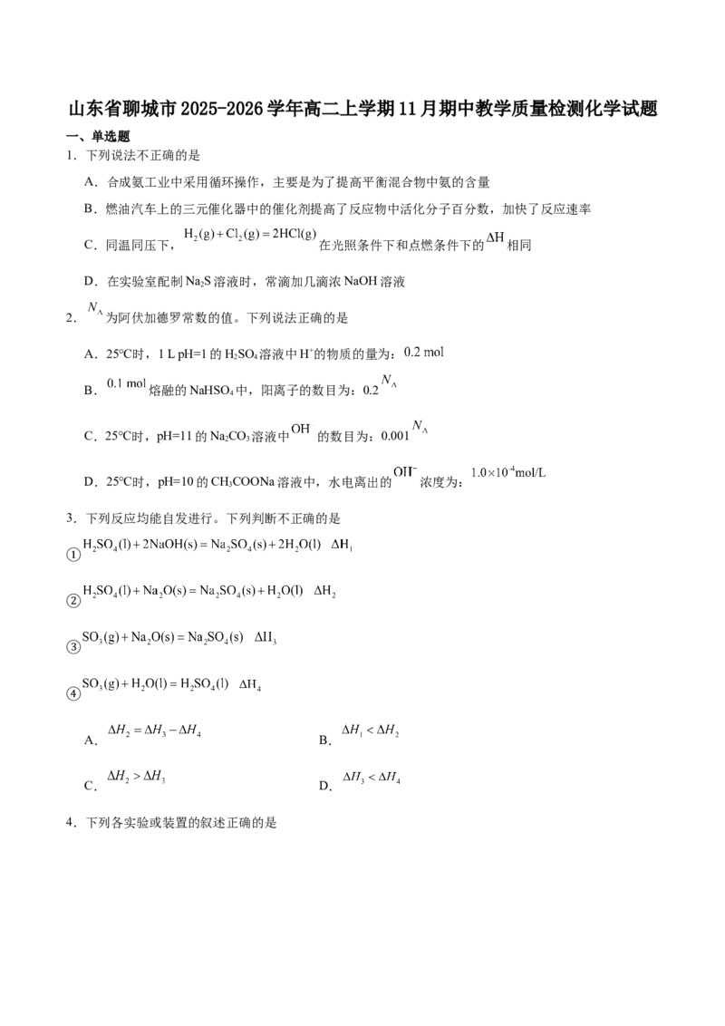 山东省聊城市2025-2026学年高二上学期期中教学质量检测化学试卷（含答案）_251211山东省聊城市2025-2026学年高二上学期11月期中（全）