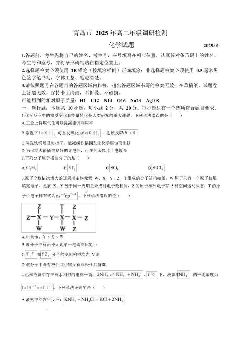 山东省青岛市2024-2025学年高二上学期期末考试化学Word版含答案_2024-2025高二（7-7月题库）_2025年02月试卷_0219山东省青岛市2024-2025学年高二上学期期末考试