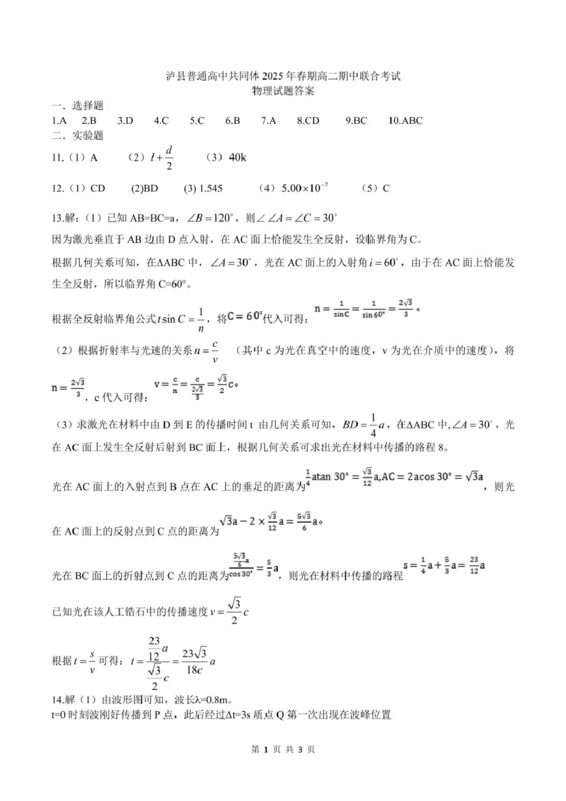 四川省泸州市泸县高中共同体2024-2025学年高二下学期4月期中联考试题物理PDF版含答案_2024-2025高二（7-7月题库）_2025年05月试卷