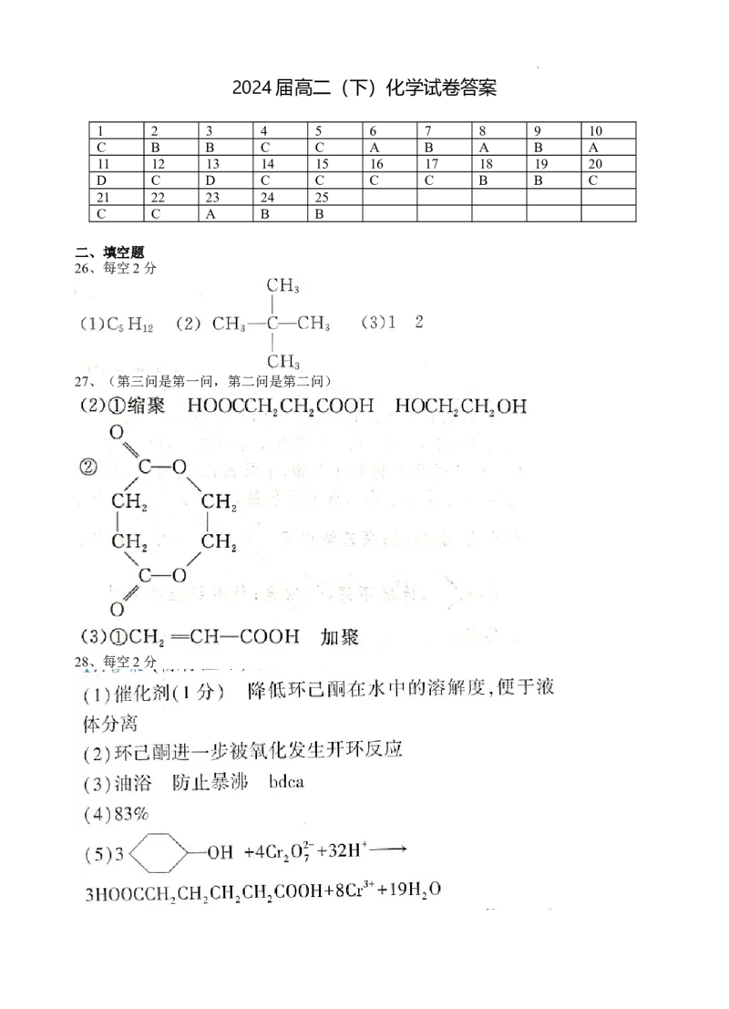 宁夏回族自治区银川一中2023-2024学年高二下学期期末考试+化学答案_2024-2025高三（6-6月题库）_2024年07月试卷_240719宁夏回族自治区银川一中2023-2024学年高二下学期期末考试