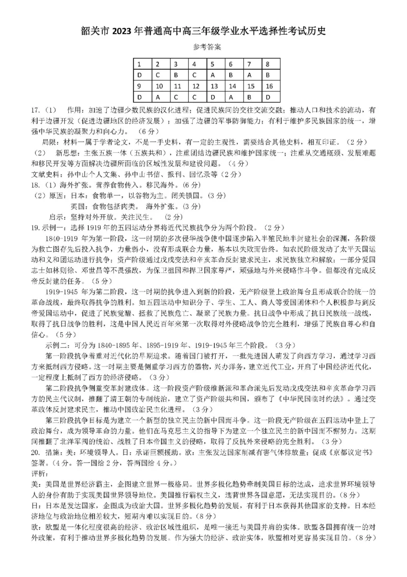 韶关市2024届高三综合测试（一）历史答案(1)_2023年11月_01每日更新_22号_2024届广东省韶关市高三综合测试（一）