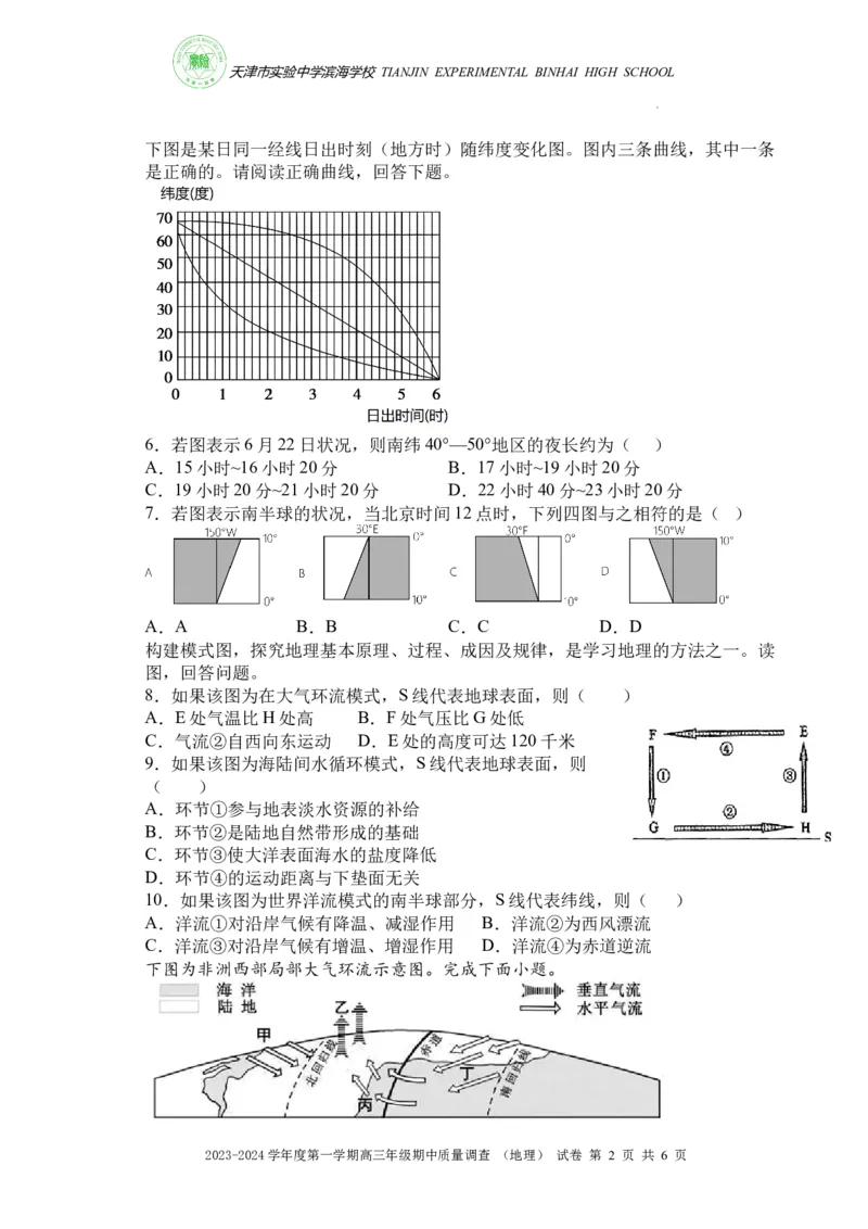 实验中学滨海学校期中质量调查试卷期中地理(1)_2023年11月_0211月合集_2024届天津市实验中学滨海学校高三上学期期中质量调查考试