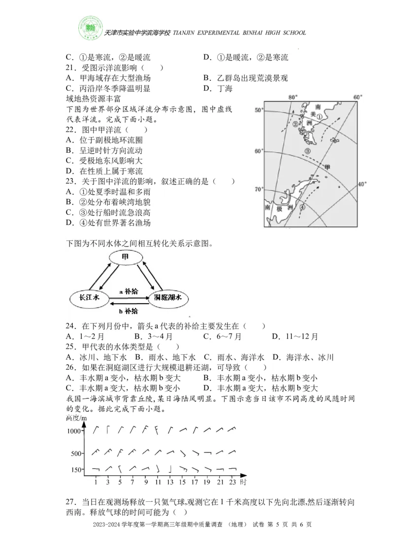 实验中学滨海学校期中质量调查试卷期中地理(1)_2023年11月_0211月合集_2024届天津市实验中学滨海学校高三上学期期中质量调查考试