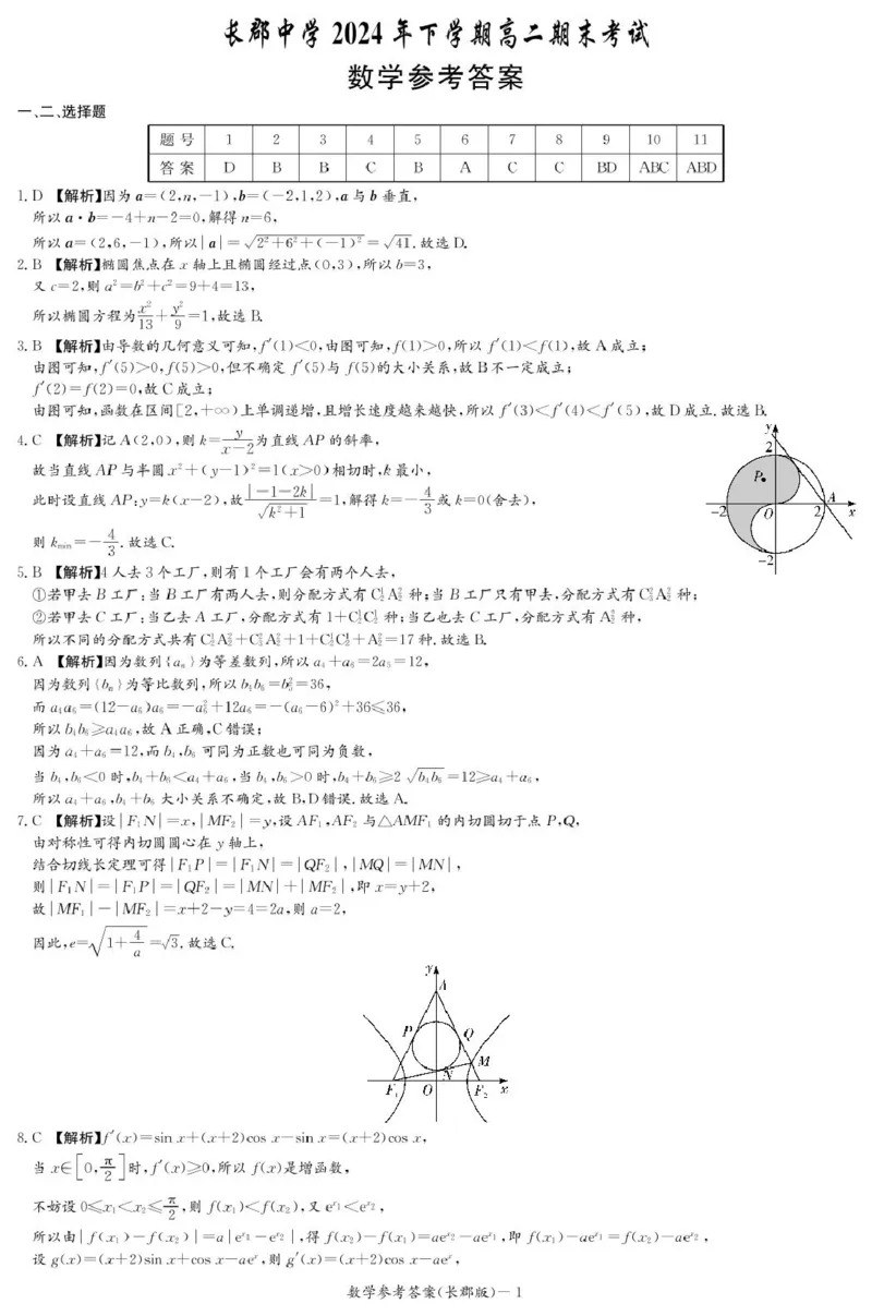 湖南省长沙市长郡中学2024-2025学年高二上学期期末考试数学试题参考答案_2024-2025高二（7-7月题库）_2025年01月试卷_0122湖南省长沙市长郡中学2024-2025学年高二上学期期末考试