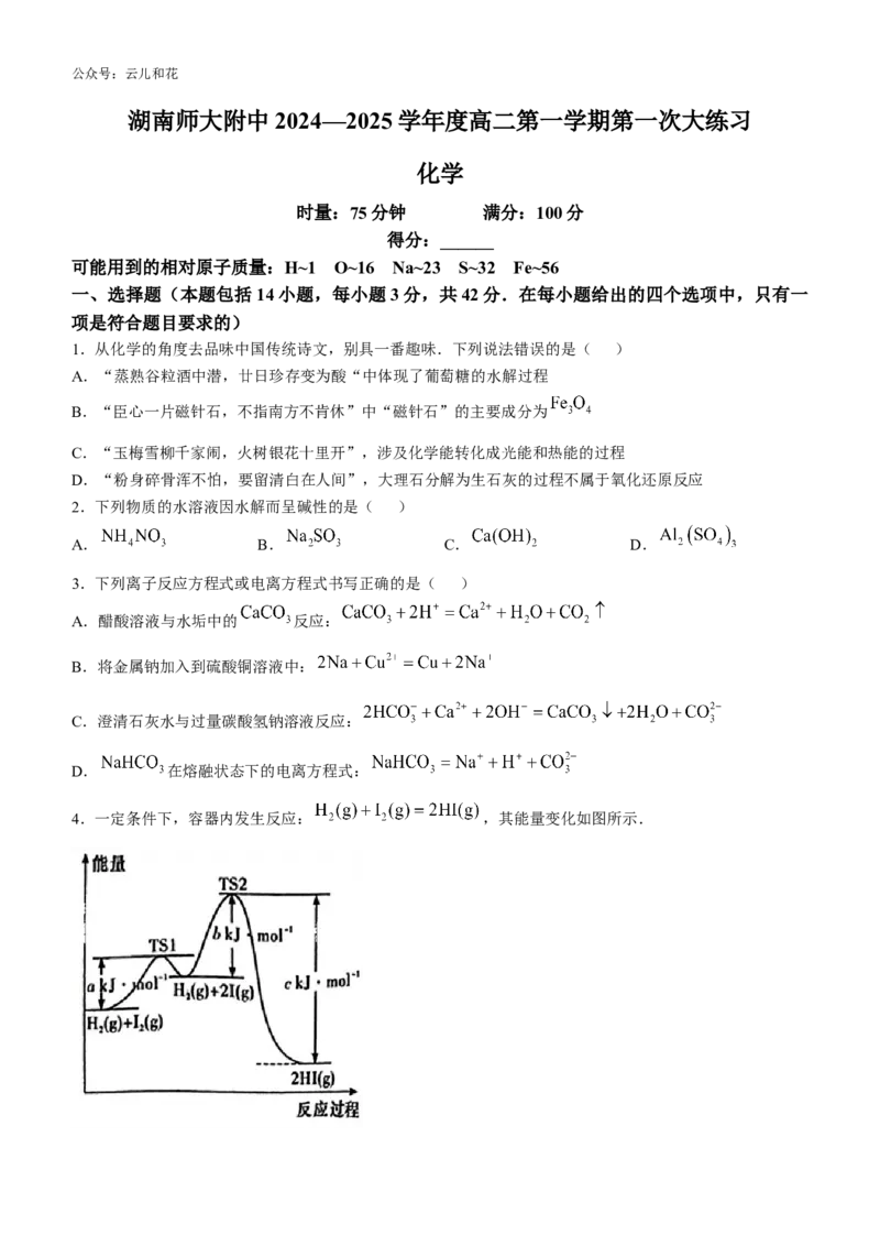 湖南省长沙市师大附中2024-2025学年高二上学期第一次月考化学试卷Word版含解析._2024-2025高二（7-7月题库）_2024年10月试卷_1028湖南省长沙市师大附中2024-2025学年高二上学期10月月考