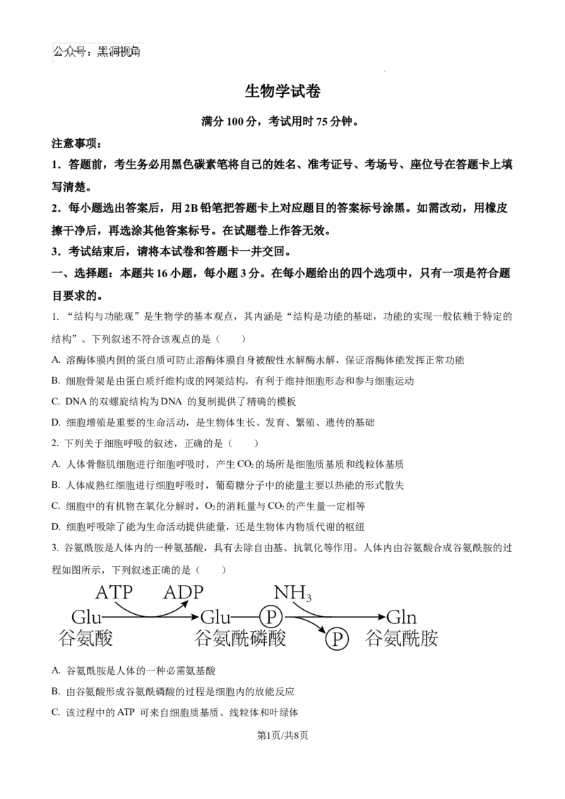 云南师范大学附属中学2025届高三高考适应性月考卷（四）生物_2024-2025高三（6-6月题库）_2024年10月试卷_1025云南师范大学附属中学2025届高三高考适应性月考卷（四）