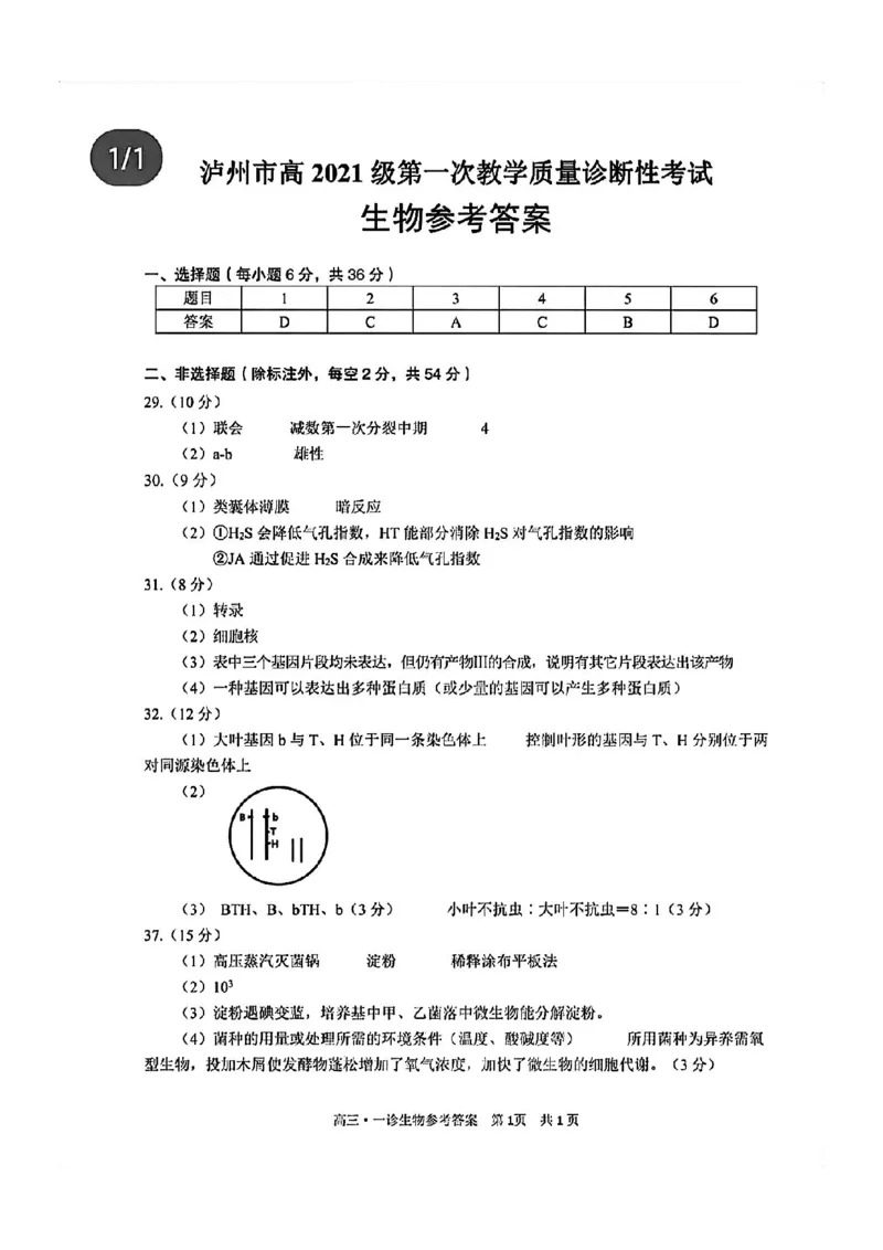 泸州市高2021级第一次教学质量诊断性考试理综生物答案(1)_2023年11月_0211月合集_2024届四川省泸州市第一次教学质量诊断性考试_四川省泸州市高2024届第一次教学质量诊断性考试理综