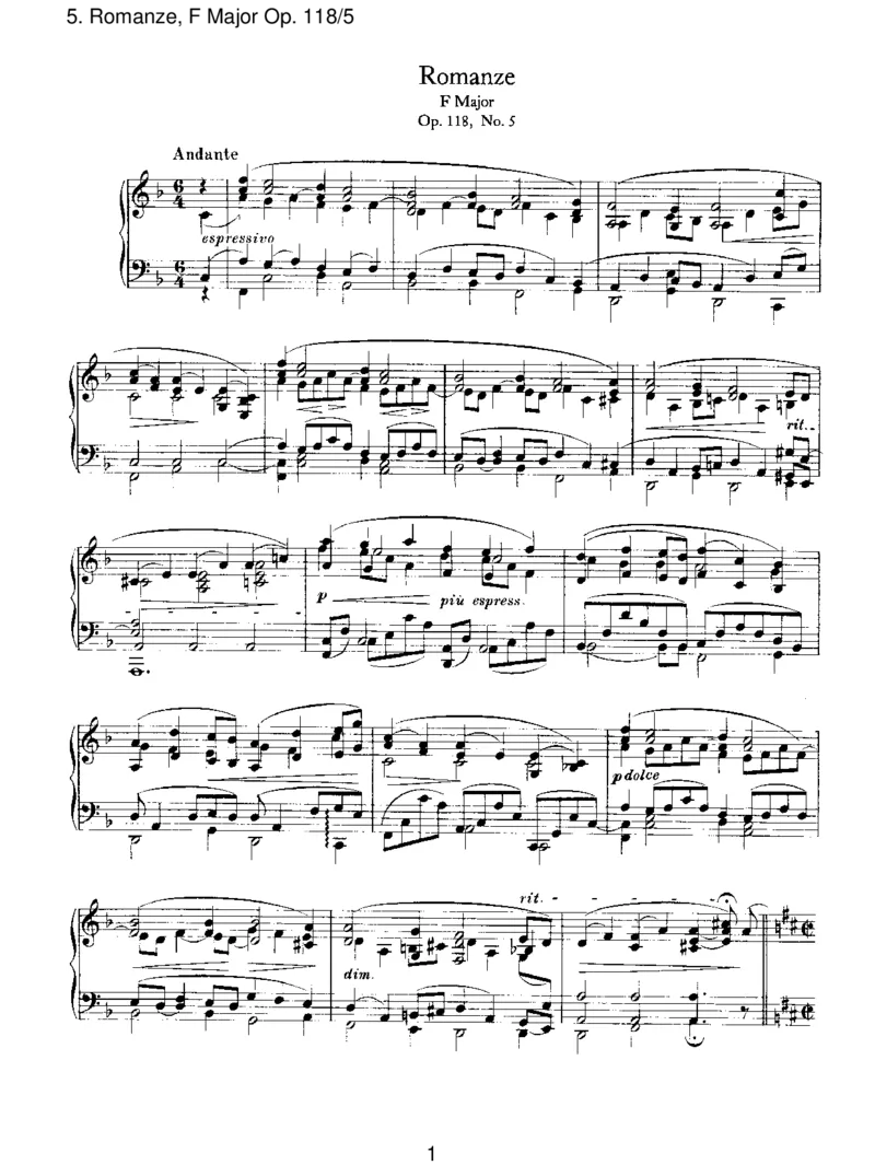 Romanze,FMajorOp.118_5_一万首著名钢琴曲谱哈农贝多芬合集视频教学电子版高清无水印可打印_1古典钢琴知名音乐家谱_勃拉姆斯钢琴谱全集_III.ShorterWorks_SixPianoPiecesOp.118