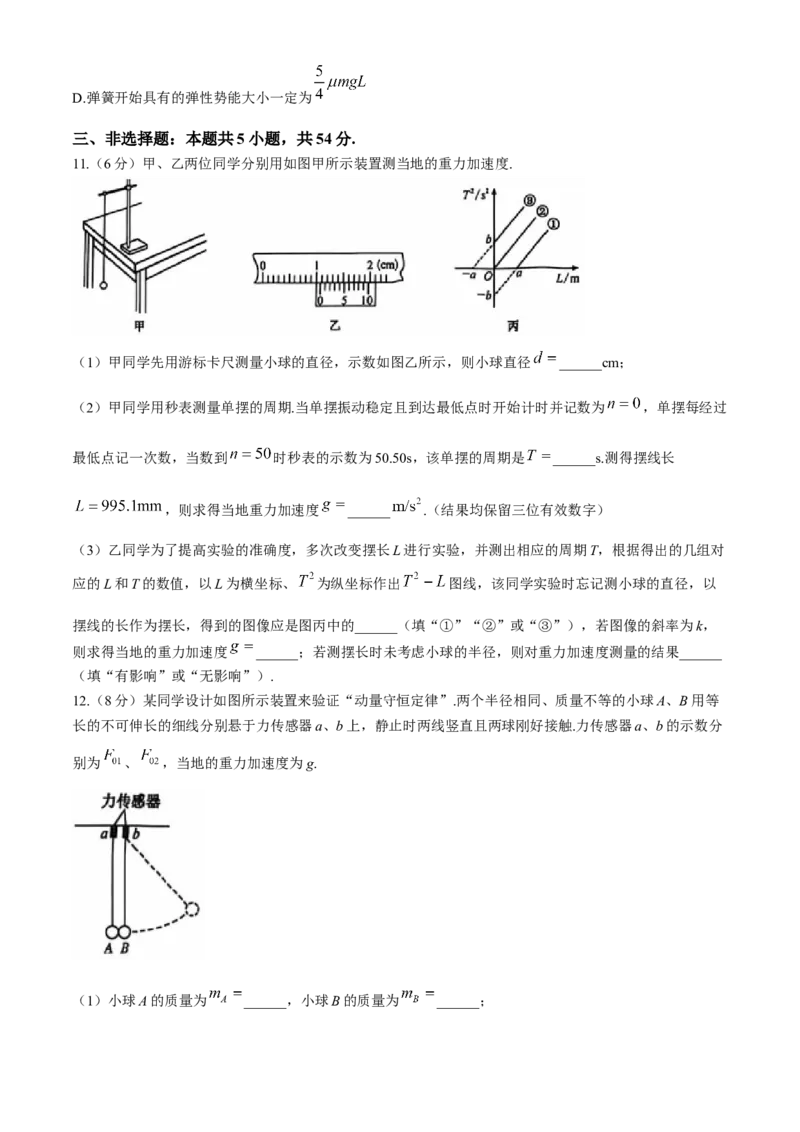 九师联盟2025届高三上学期教学质量监测11月联考物理试题（含答案）_2024-2025高三（6-6月题库）_2024年11月试卷_1129九师联盟2025届高三上学期教学质量监测11月28联考