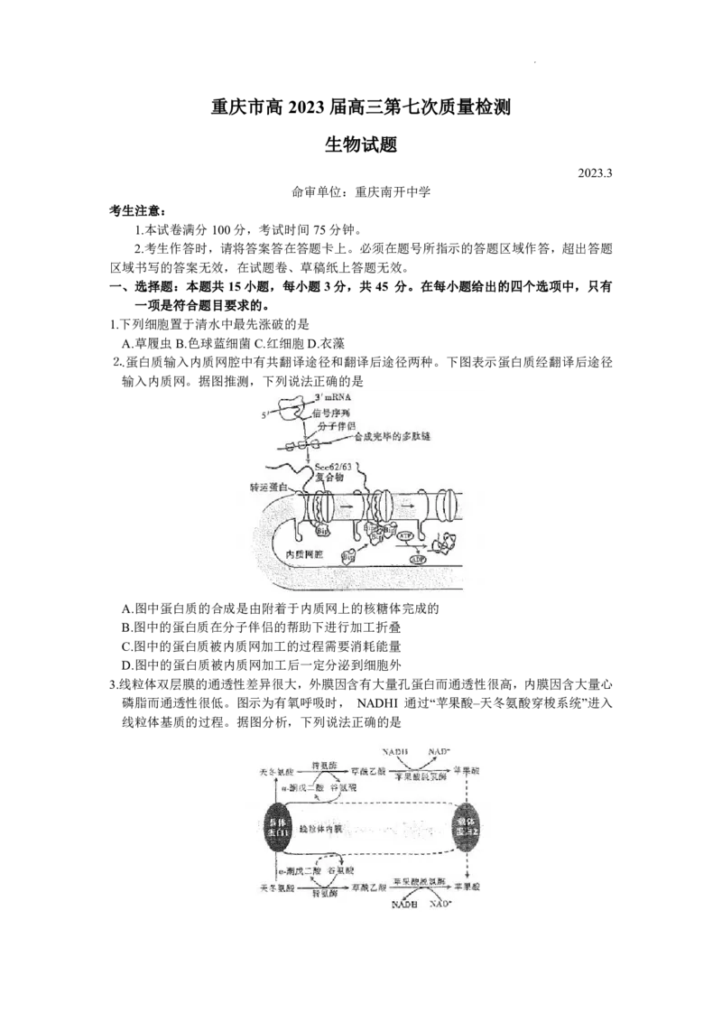 重庆市南开中学校2023届高三第七次质量检测丨生物_2024年2月_01每日更新_13号_2023届重庆市南开中学高三第七次质量检测_重庆市南开中学2023届高三第七次质量检测生物
