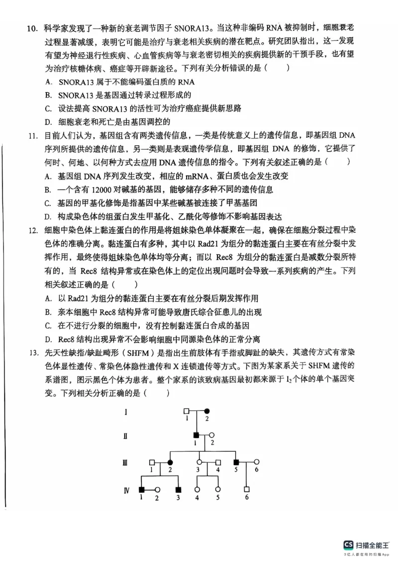 安徽省A10联盟2024-2025学年高三上学期11月月考生物试题_2024-2025高三（6-6月题库）_2024年11月试卷_1116安徽A10联盟2025届高三上学期11月段考（全科）_安徽A10联盟2025届高三上学期11月段考生物