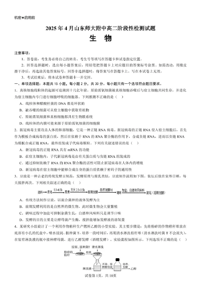 山东师范大学附属中学2024-2025学年高二下学期期中考试生物试题（扫描版有答案）_2024-2025高二（7-7月题库）_2025年05月试卷_0517山东师范大学附属中学2024-2025学年高二下学期4月期中考试