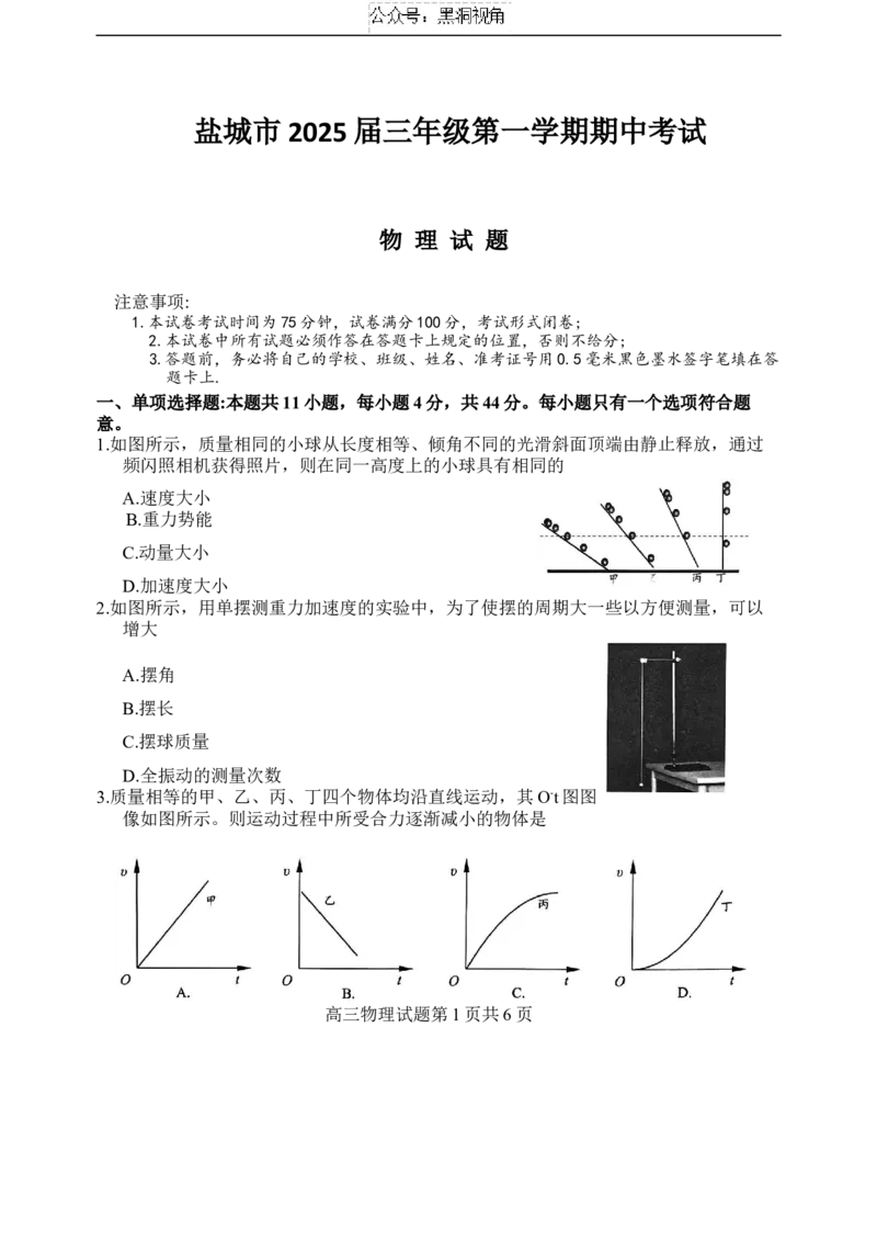 江苏省盐城市2024-2025学年高三上学期11月期中物理试题_2024-2025高三（6-6月题库）_2024年11月试卷_1115江苏省盐城市2024-2025学年高三上学期11月期中考试（全科）
