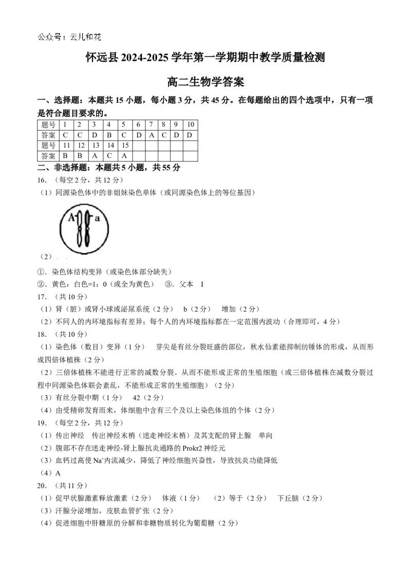 安徽省蚌埠市怀远县2024-2025学年高二上学期11月期中考试生物试题Word版含答案_2024-2025高二（7-7月题库）_2024年12月试卷_1201安徽省蚌埠市怀远县2024-2025学年高二上学期11月期中考试