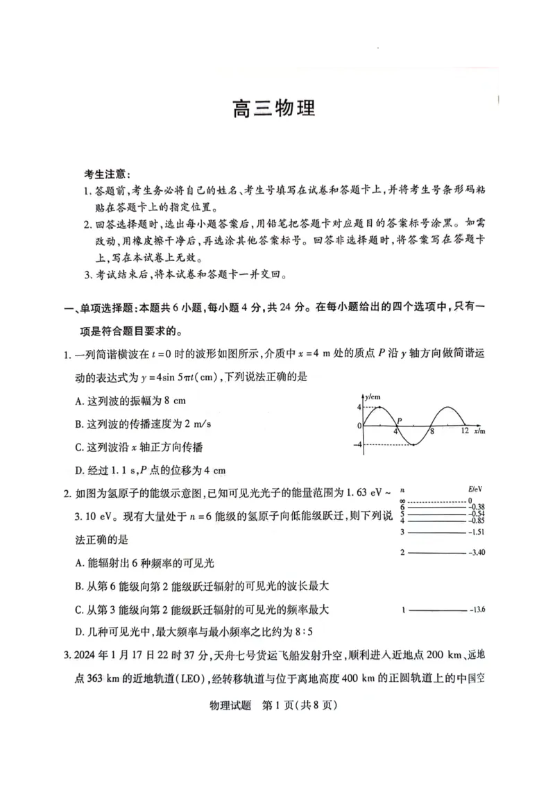 物理试卷_2024年3月_013月合集_2024届湖南省天一大联考衡阳市高三第二次联考（衡阳二模）_天一大联考2024届湖南省衡阳市高三第二次联考（衡阳二模）物理