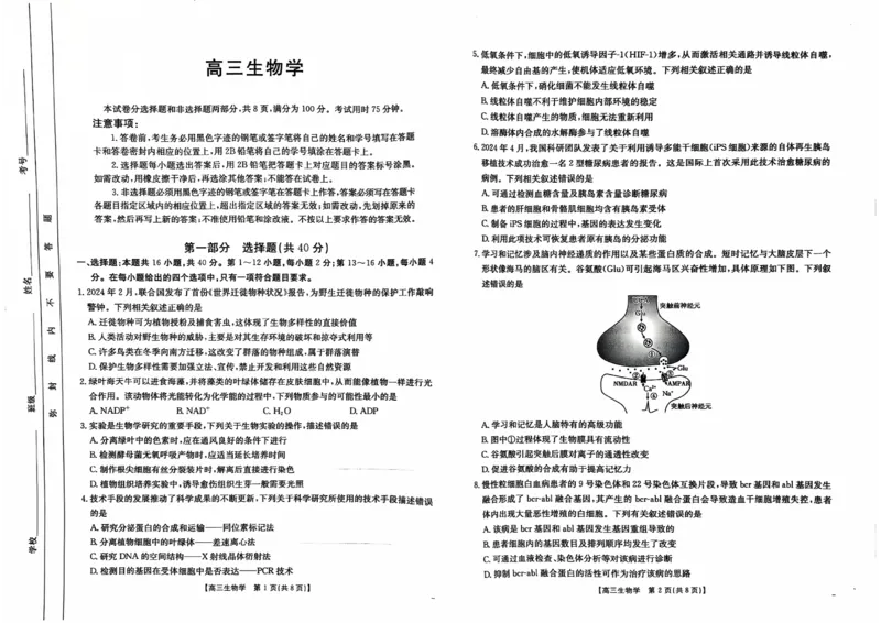 广东省广东省部分高中学校联考2024-2025学年高三上学期11月期中生物试题_2024-2025高三（6-6月题库）_2024年11月试卷_11302025届广东高三金太阳11月联考（全科）