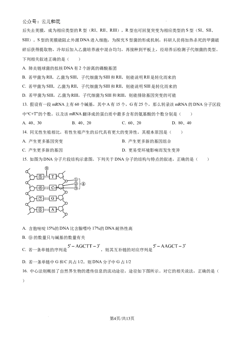 四川省绵阳南山中学2024-2025学年高二上学期9月月考生物试题_2024-2025高二（7-7月题库）_2024年09月试卷_0926四川绵阳南山中学2024年高二9月月考