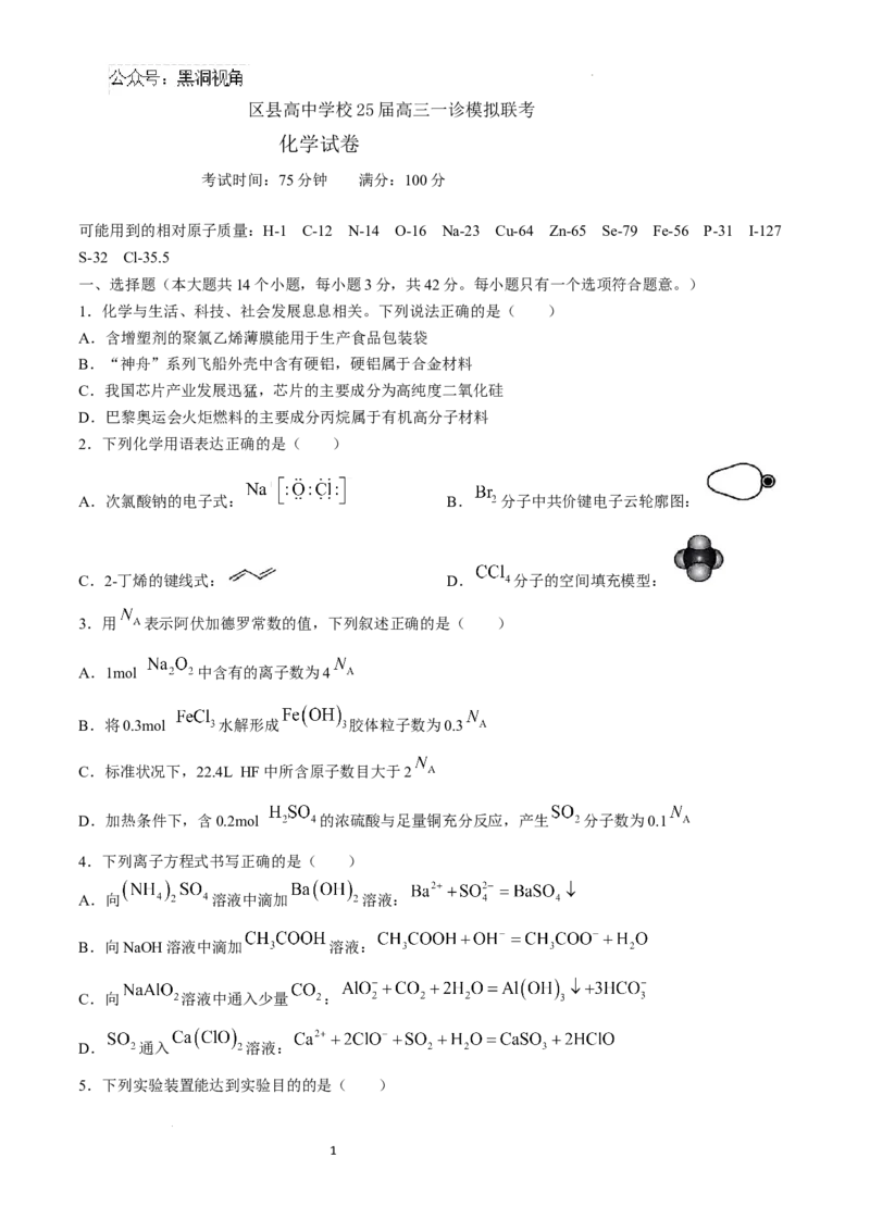 四川省眉山市区县高中学校2024-2025学年高三上学期一诊模拟联考化学试题（含答案）_2024-2025高三（6-6月题库）_2024年12月试卷