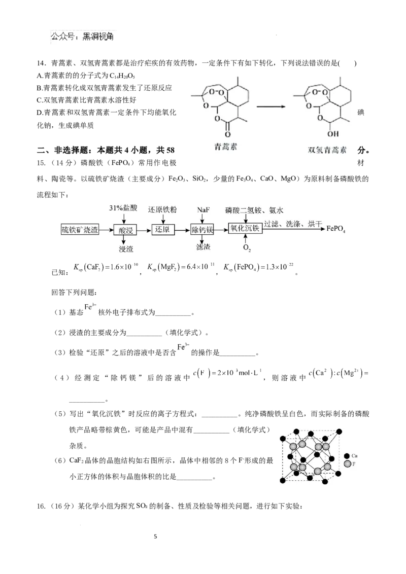 四川省眉山市区县高中学校2024-2025学年高三上学期一诊模拟联考化学试题（含答案）_2024-2025高三（6-6月题库）_2024年12月试卷