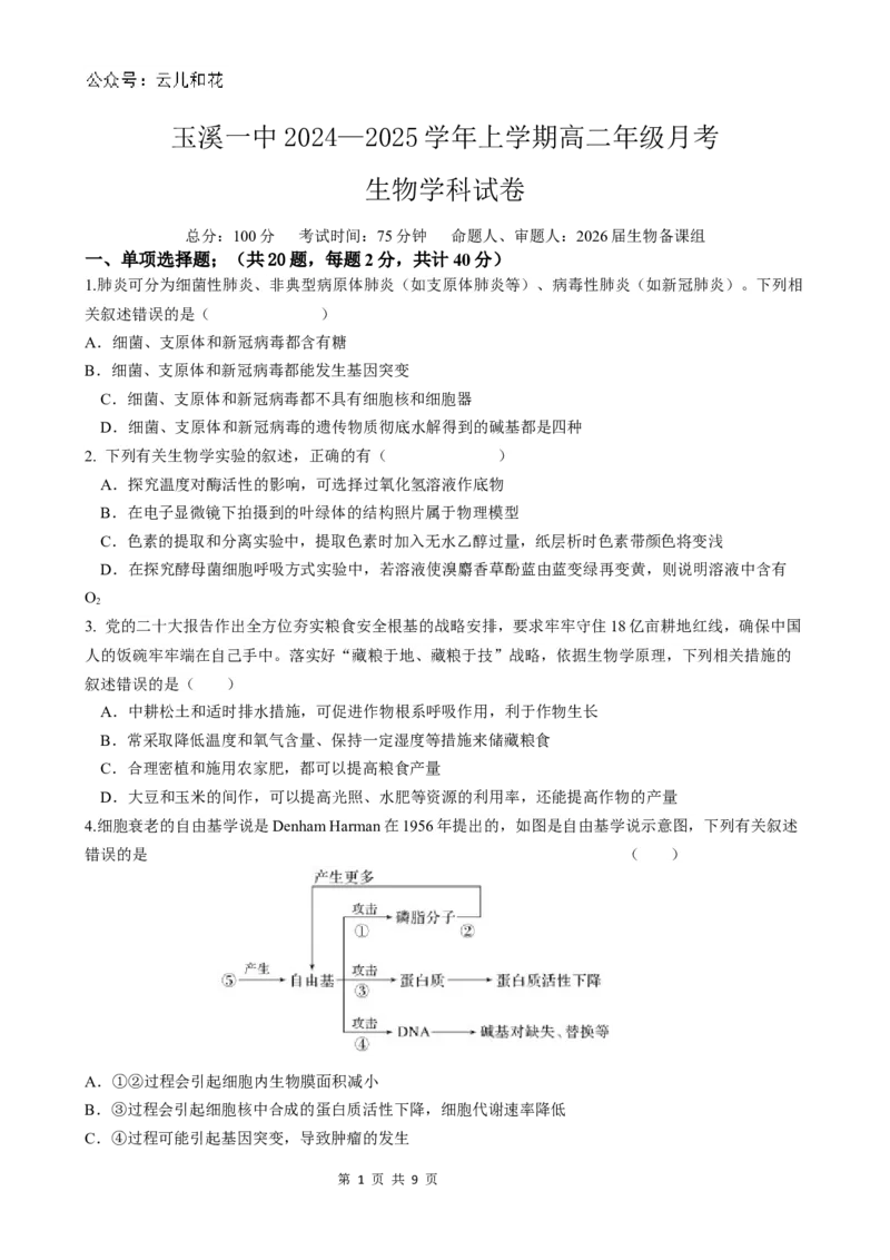 月考2_2024-2025高二（7-7月题库）_2024年12月试卷_1203云南省玉溪市一中2024-2025学年高二上学期第二次月考_云南省玉溪市一中2024-2025学年高二上学期第二次月考生物试题Word版含答案