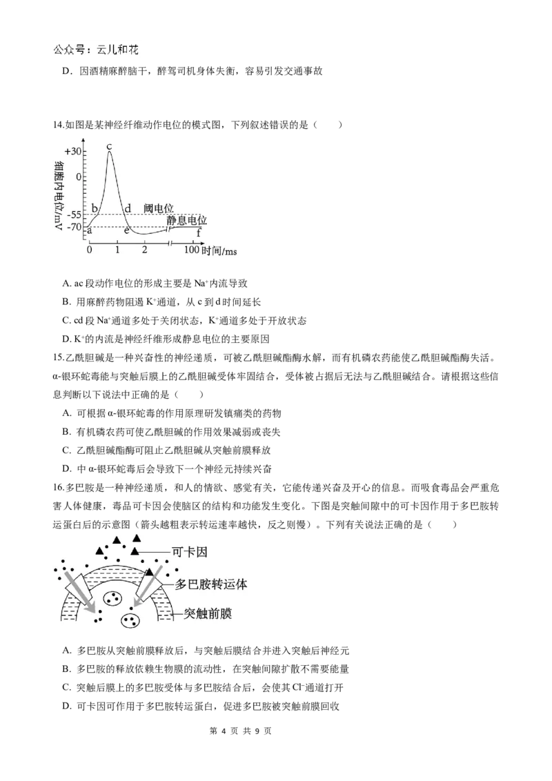 月考2_2024-2025高二（7-7月题库）_2024年12月试卷_1203云南省玉溪市一中2024-2025学年高二上学期第二次月考_云南省玉溪市一中2024-2025学年高二上学期第二次月考生物试题Word版含答案