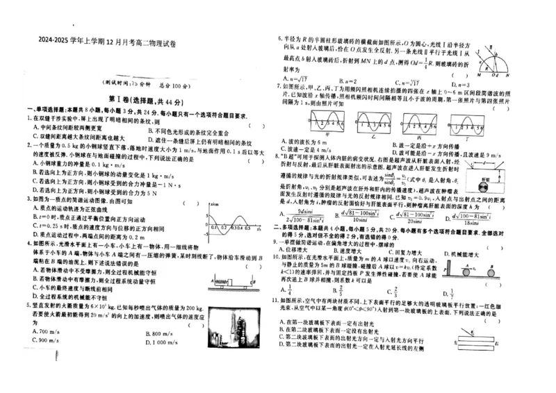 江西省赣州市大余县部分学校联考2024-2025学年高二上学期12月月考物理试题_2024-2025高二（7-7月题库）_2024年12月试卷_1225江西省赣州市大余县部分学校2024-2025学年高二上学期12月联考